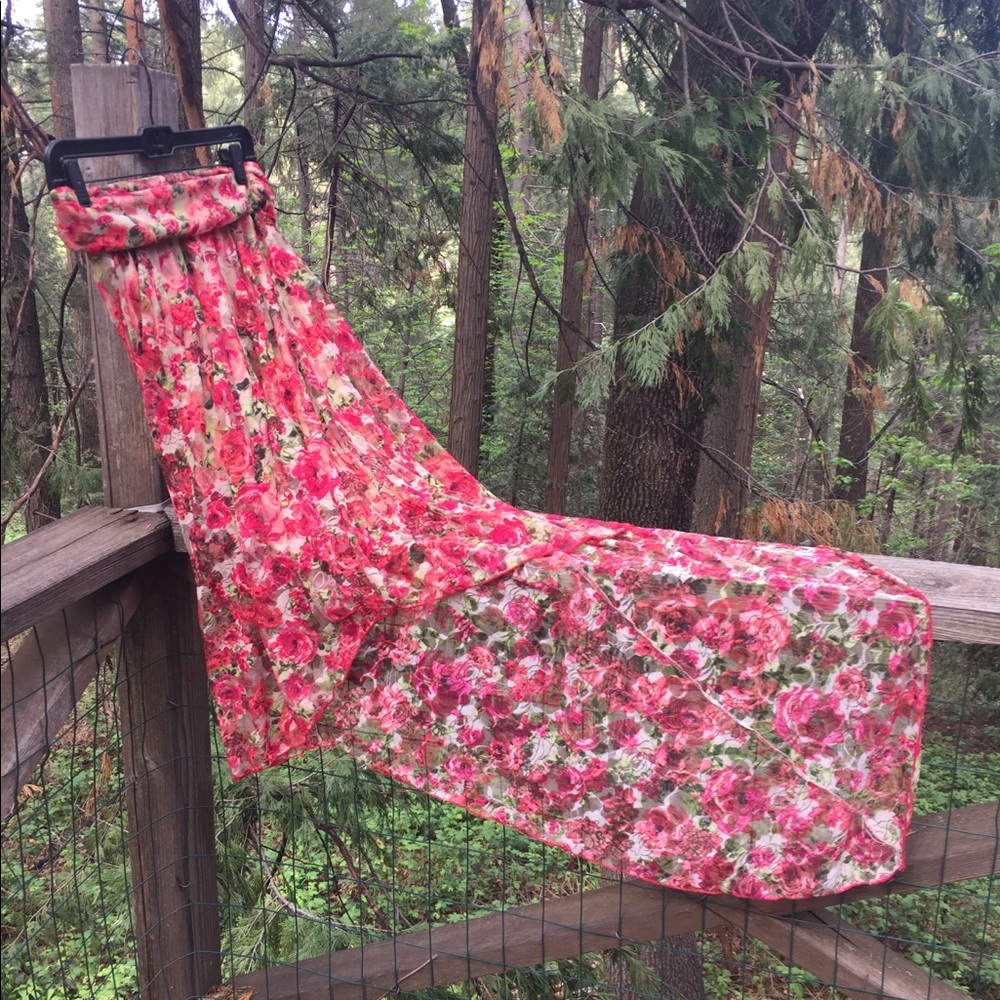 French Atmosphere dress/skirt pink strapless print floral maxi bow skirt HP 25x2